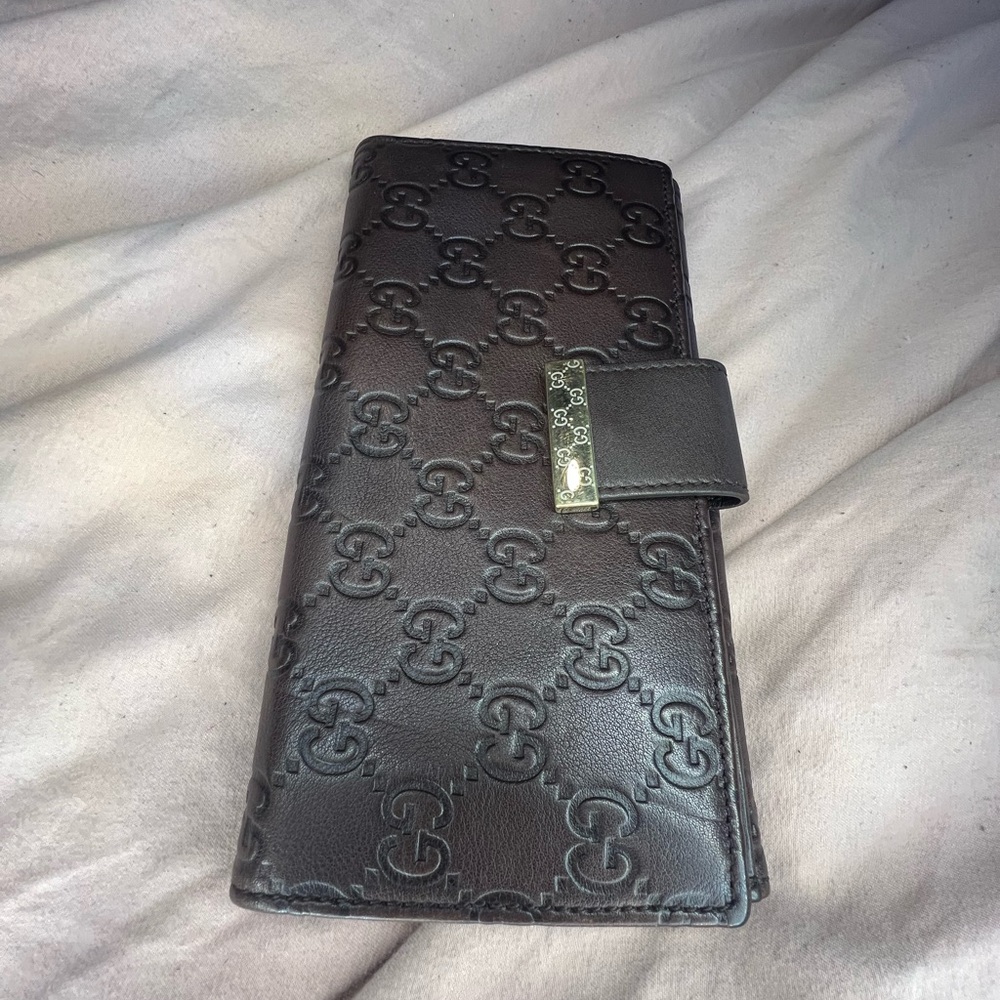 Gucci Brown Embossed Leather Long Wallet with Gold-Tone Hardware